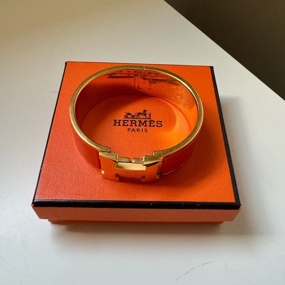 Hermes Orange Enamel Clic H Bracelet with Gold Hardware